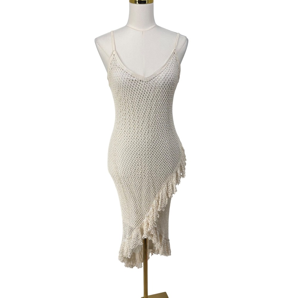 Y2K Krochetta by Papillon Cream Crochet Beaded Ruffle Asymmetrical Midi Dress XL
